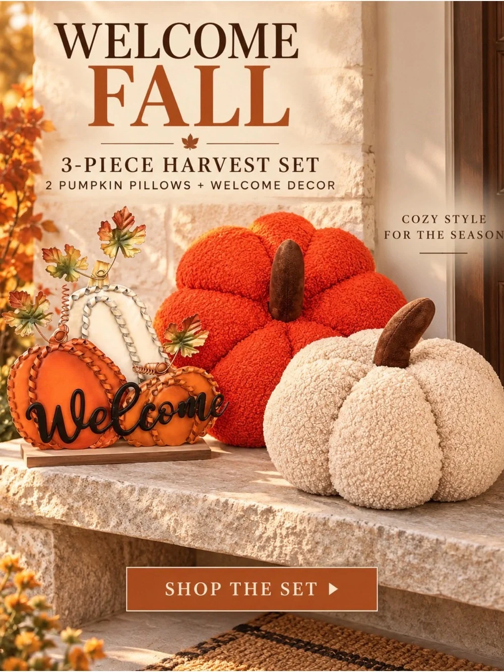Cozy Harvest Pumpkin Pillow & Welcome Sign Set - Orange & Cream
